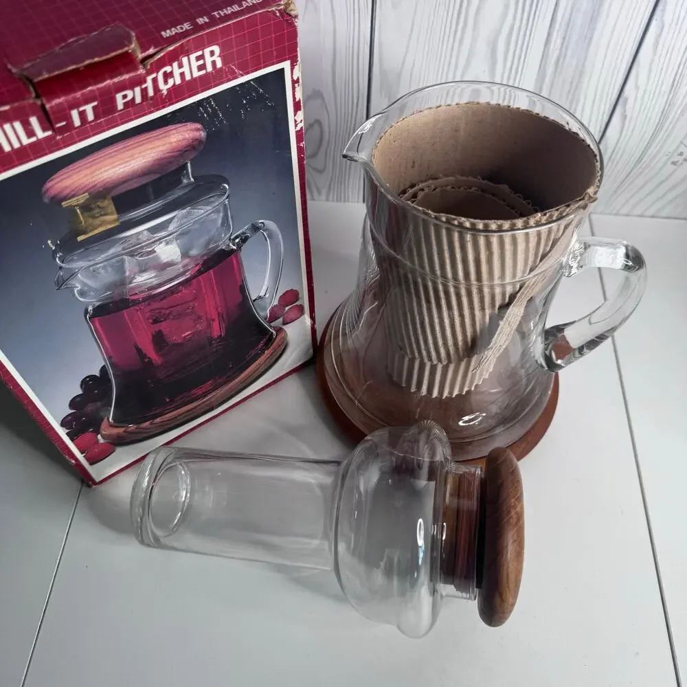 Vintage Towle Teak Wood Glass Pitcher w/ Cooling Ice Insert & Coaster 1985 NEW